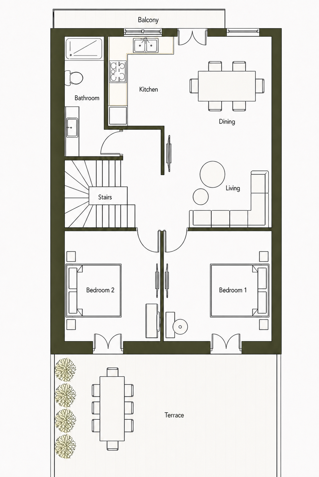 Schematic lower-floor plan of The Heart of Syra, including the kitchen, dining and living areas, bathroom, staircase, bedrooms one and two, balcony and lower terrace