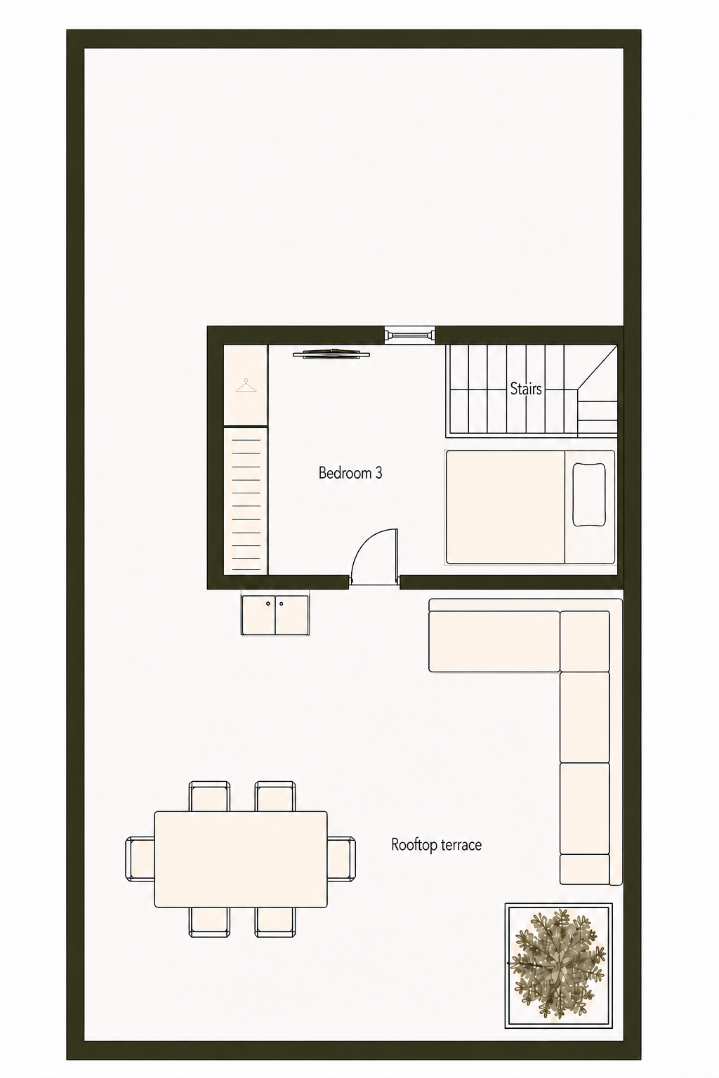Schematic upper-floor plan of The Heart of Syra, including bedroom three, the staircase and the private rooftop terrace