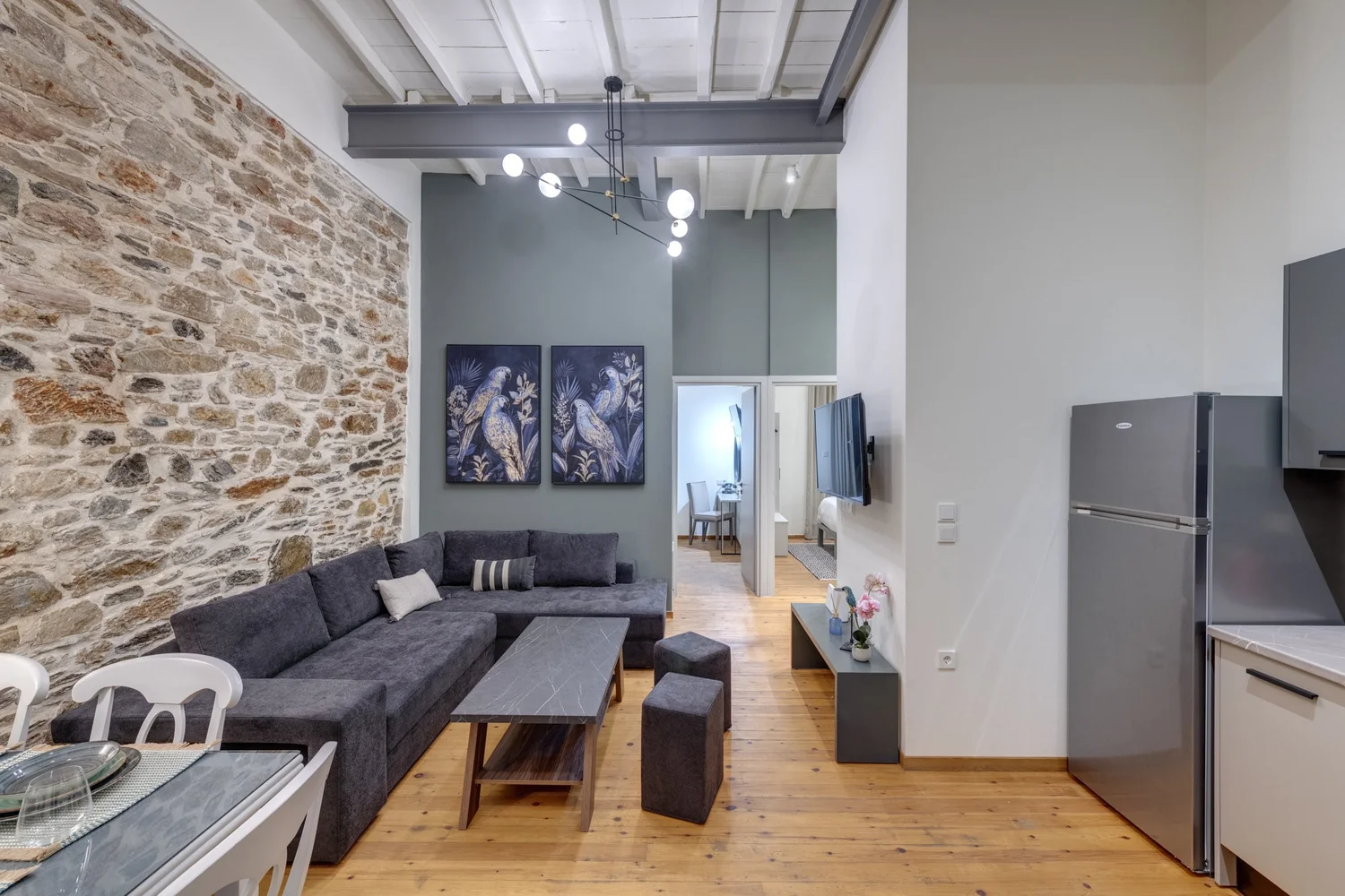 Open-plan kitchen flowing into the living space